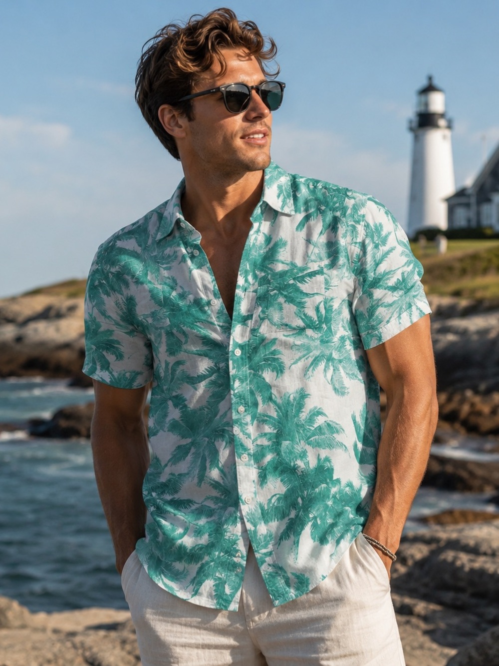 Castaway Nantucket Island Palm Print Button-Front Shirt – Size Small Tropical